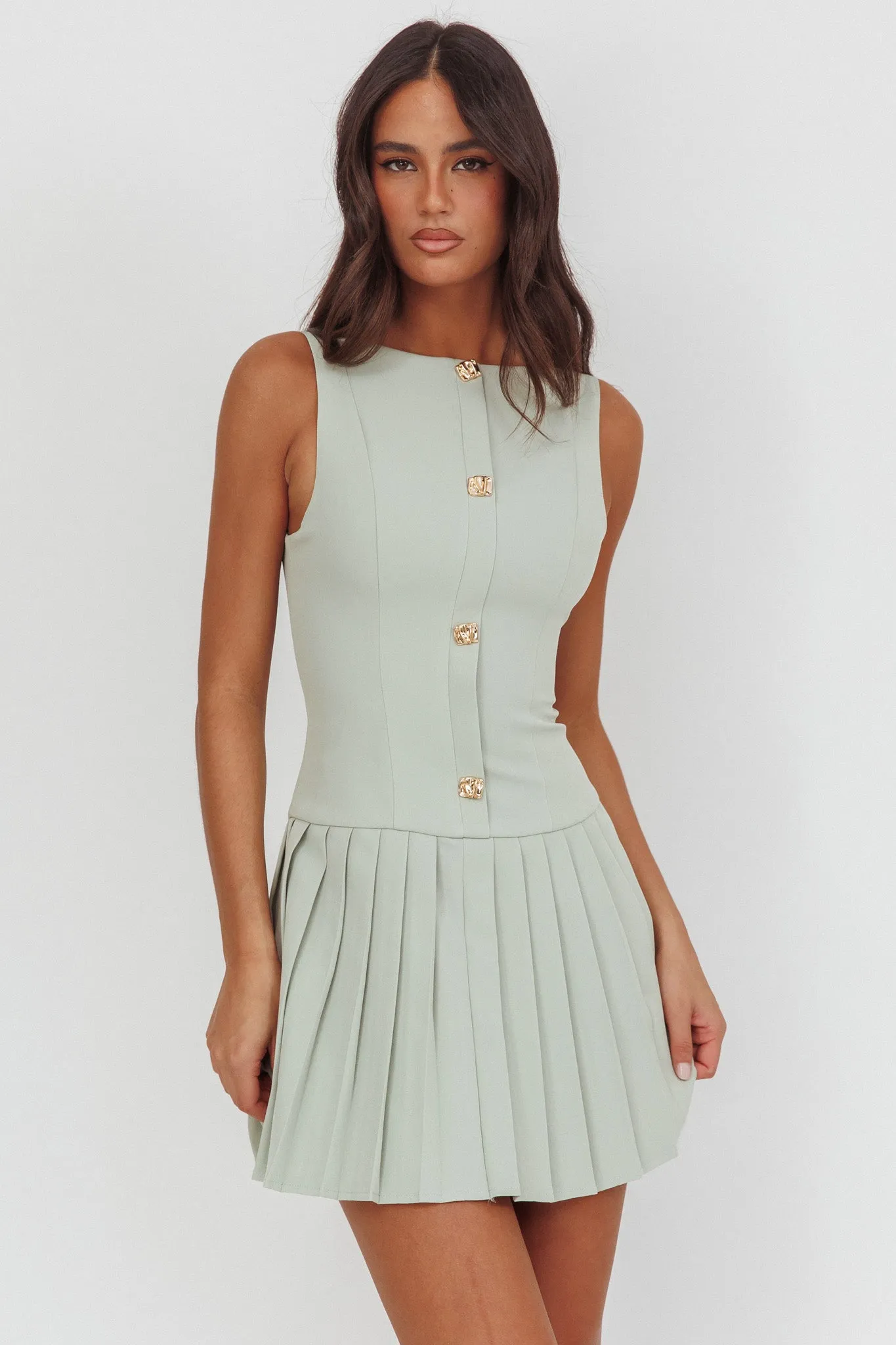 Opulent Pleat Skirt Button Mini Dress Sage sold by Selfie Leslie product image thumbnail 5