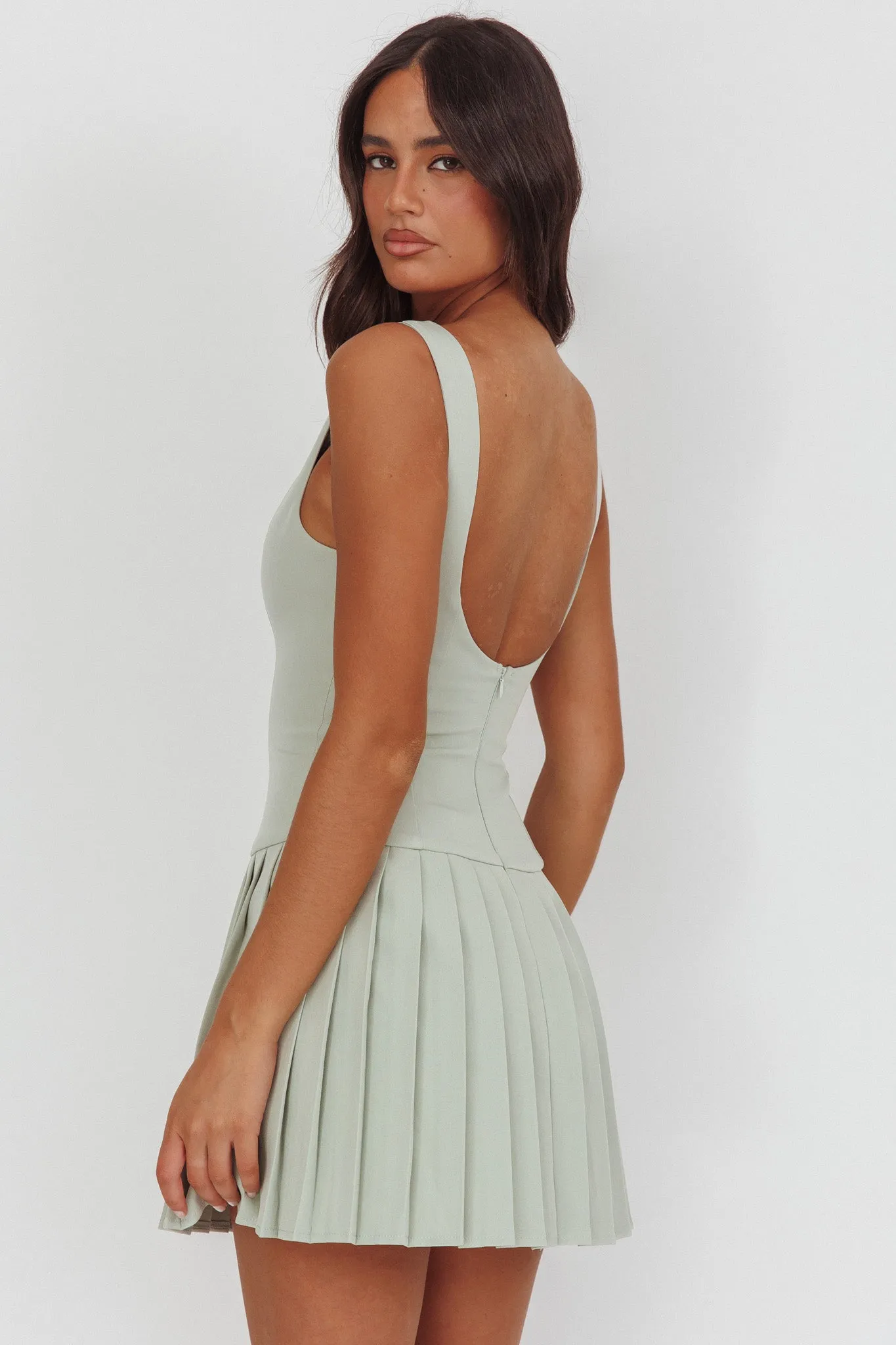 Opulent Pleat Skirt Button Mini Dress Sage sold by Selfie Leslie product image thumbnail 2