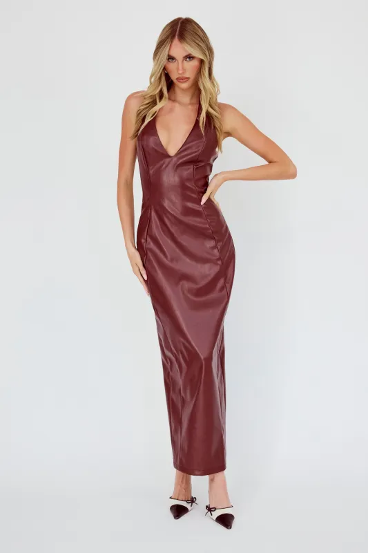 Marella Halterneck Faux Leather Maxi Dress Wine sold by Selfie Leslie