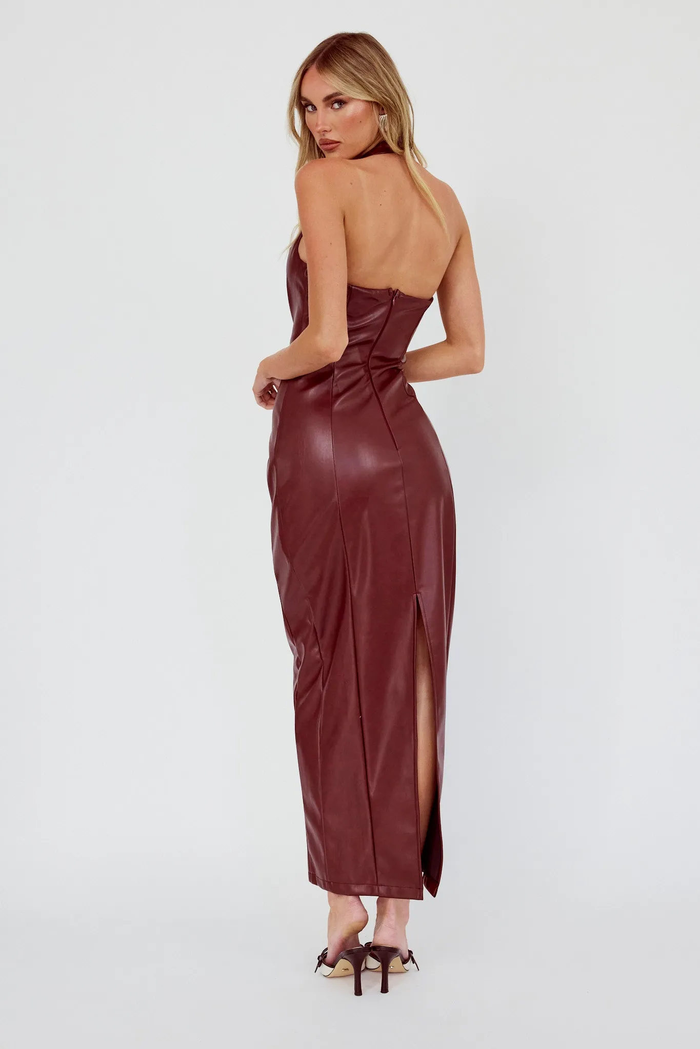 Marella Halterneck Faux Leather Maxi Dress Wine sold by Selfie Leslie product image thumbnail 4