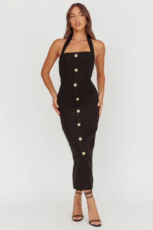 She Is Button Front Halter Midi Dress Tweed Black sold by Selfie Leslie