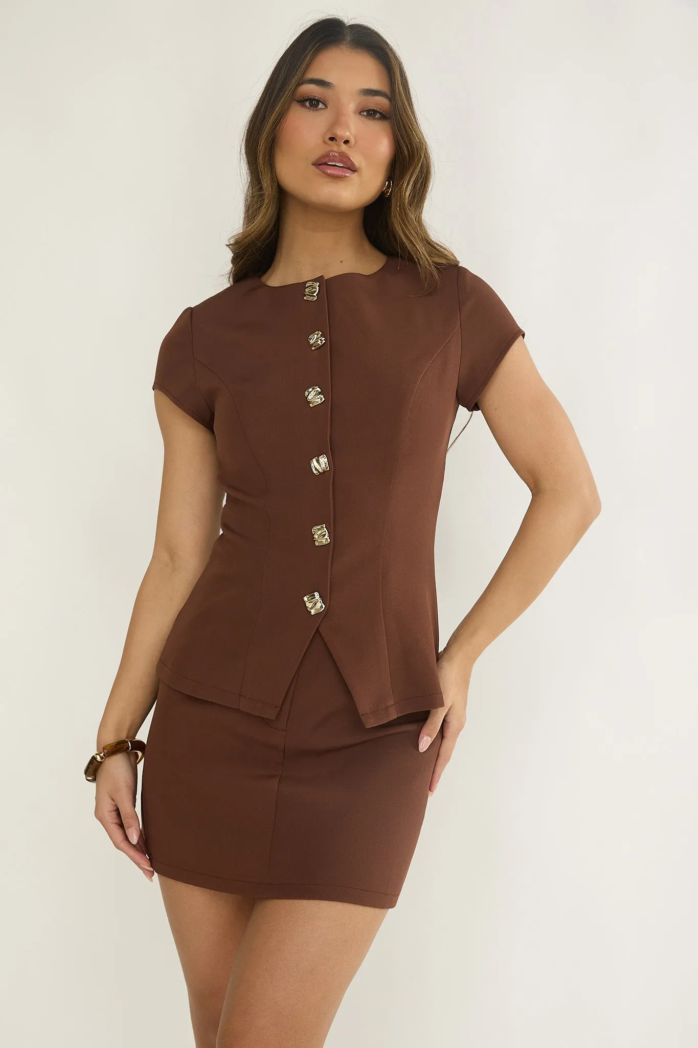 Arlina Cap Sleeve Button Top Chocolate sold by Selfie Leslie