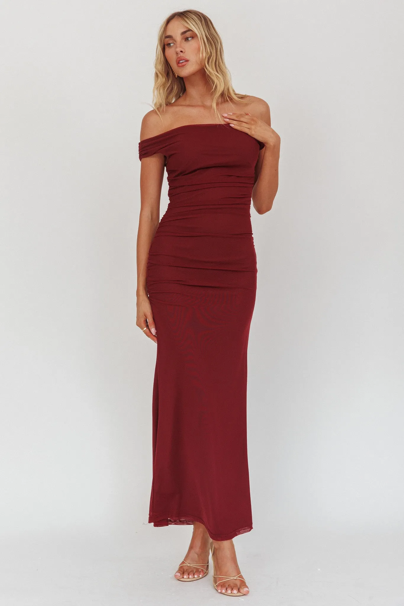 In Blooms Off Shoulder Mesh Midi Dress Wine sold by Selfie Leslie product image thumbnail 2