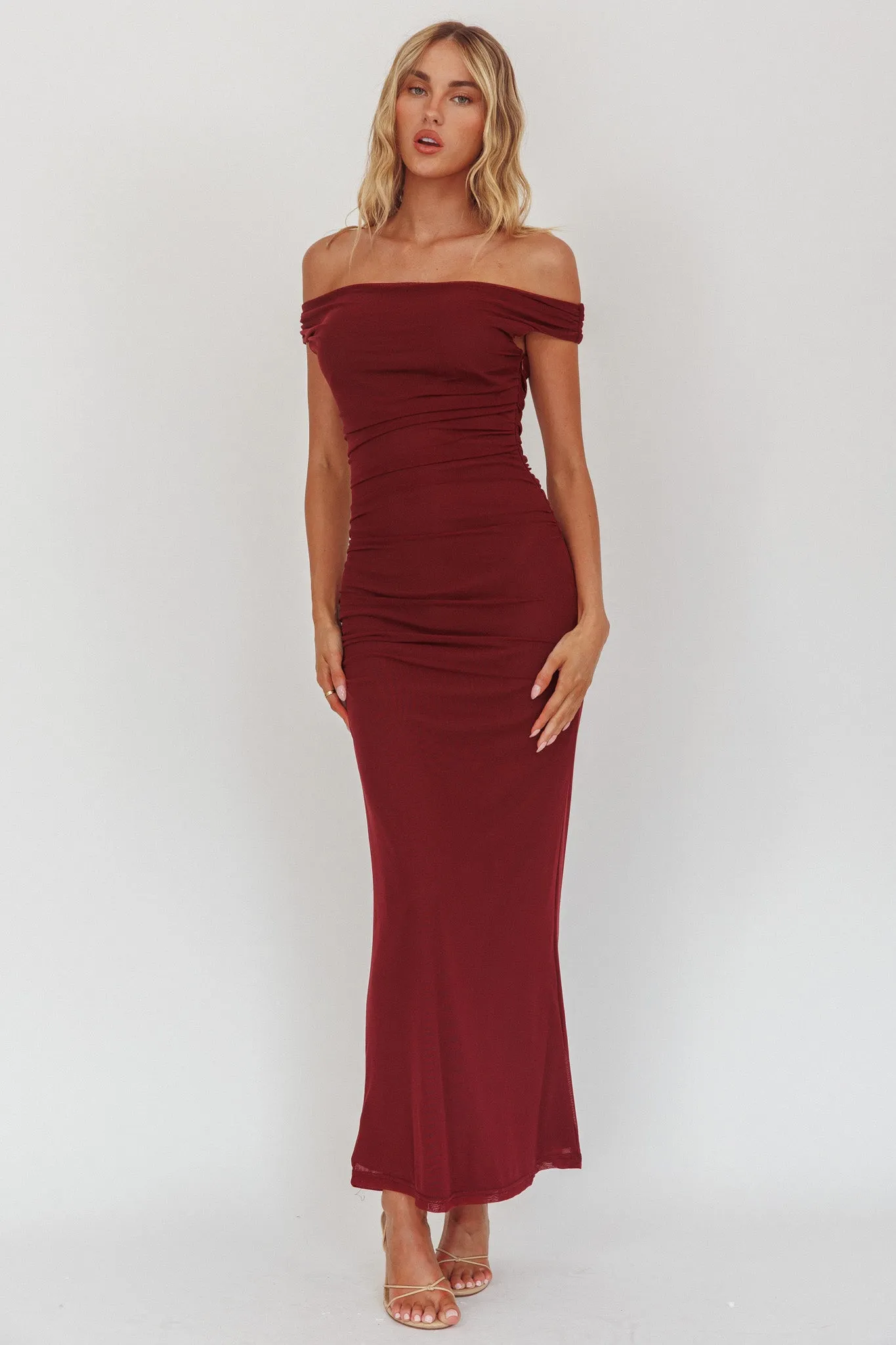 In Blooms Off Shoulder Mesh Midi Dress Wine sold by Selfie Leslie