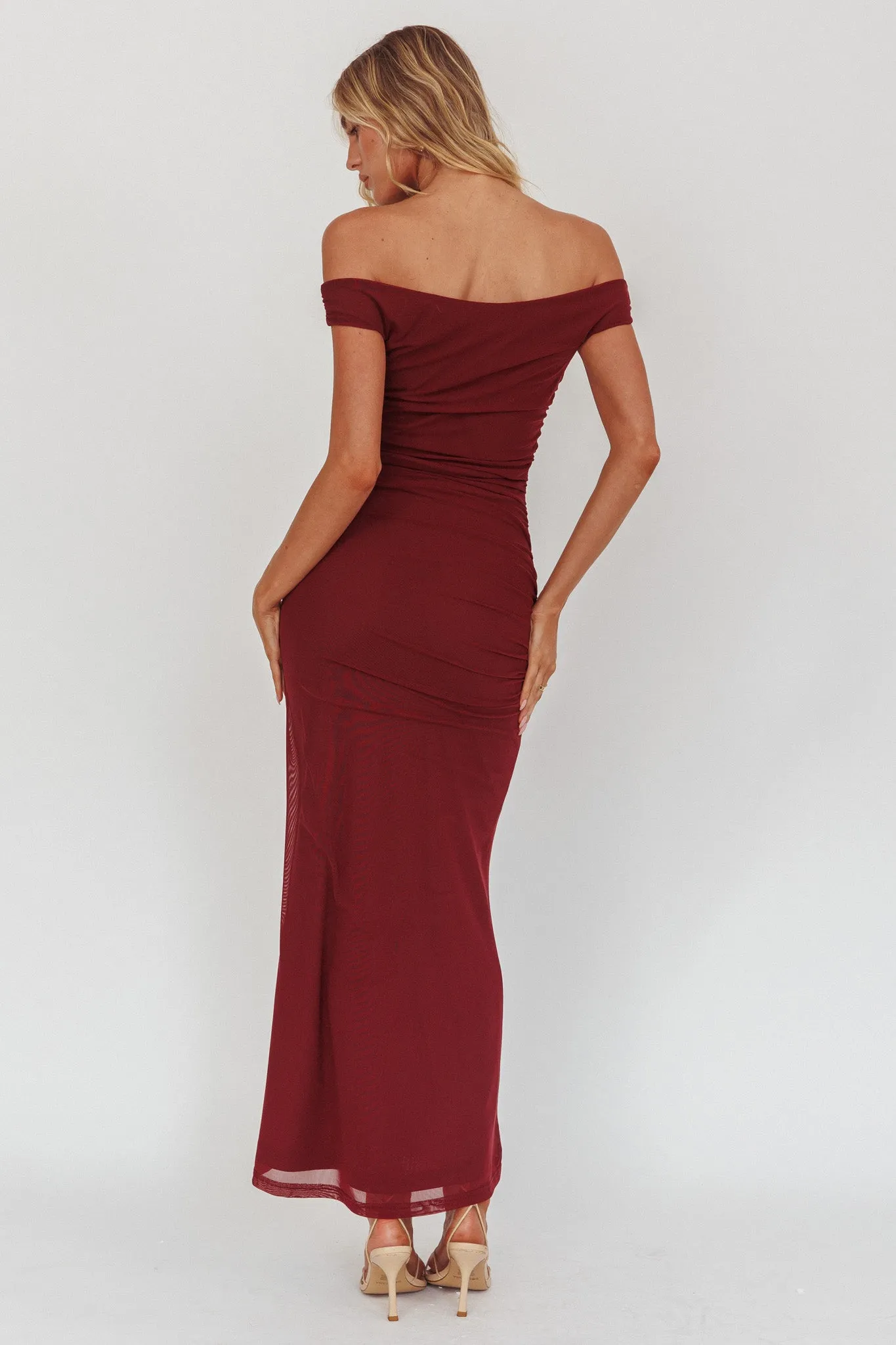 In Blooms Off Shoulder Mesh Midi Dress Wine sold by Selfie Leslie product image thumbnail 3
