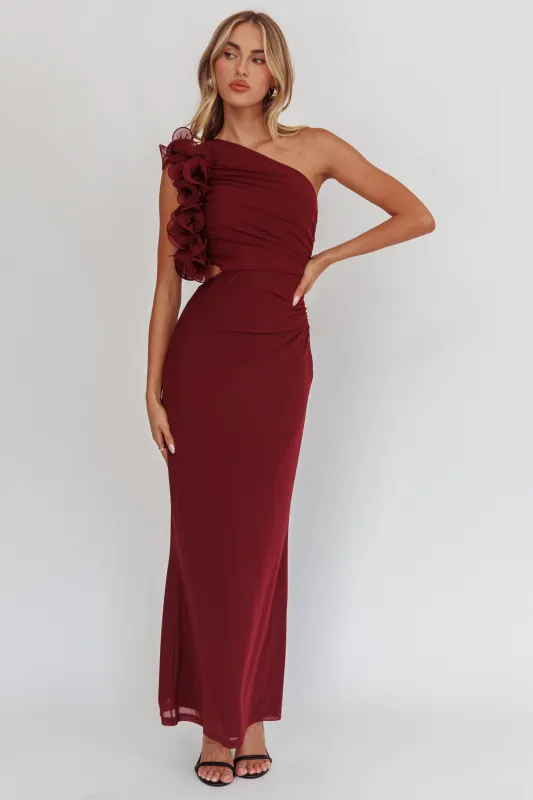 Deanna One-Shoulder Ruffle Maxi Dress Wine sold by Selfie Leslie