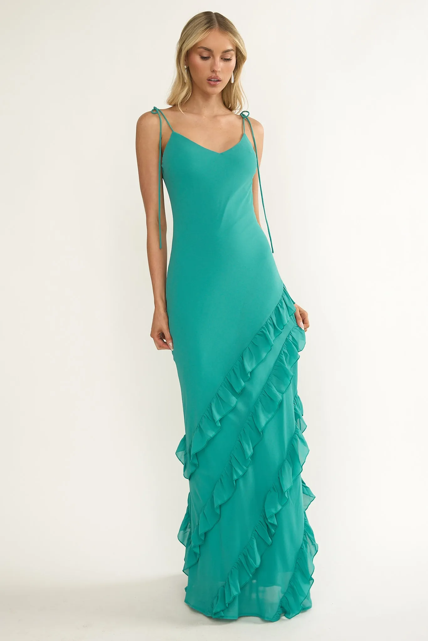 Dreamy Day Ruffle Trim Maxi Dress Turquoise sold by Selfie Leslie product image thumbnail 5