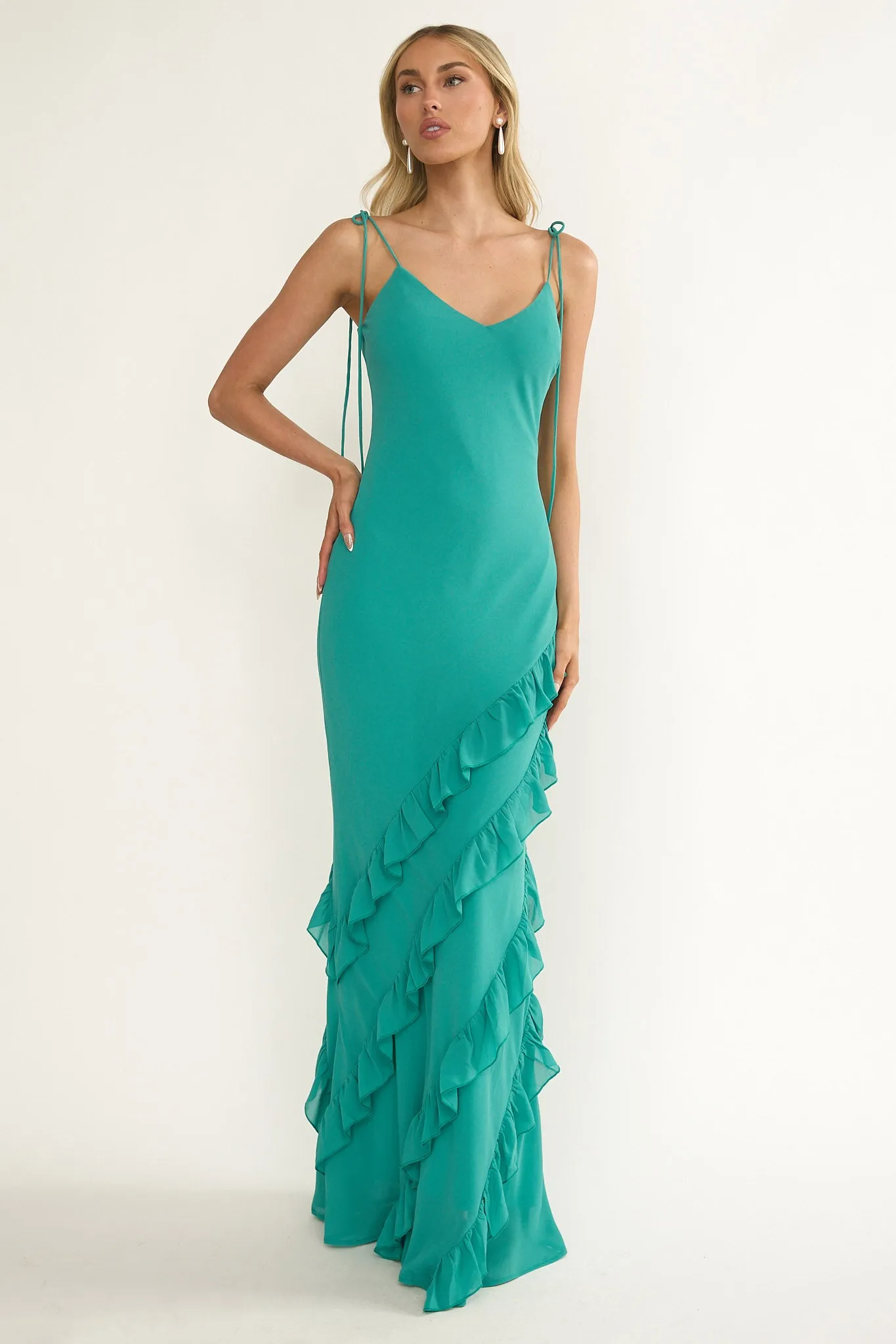 Dreamy Day Ruffle Trim Maxi Dress Turquoise sold by Selfie Leslie product image thumbnail 4