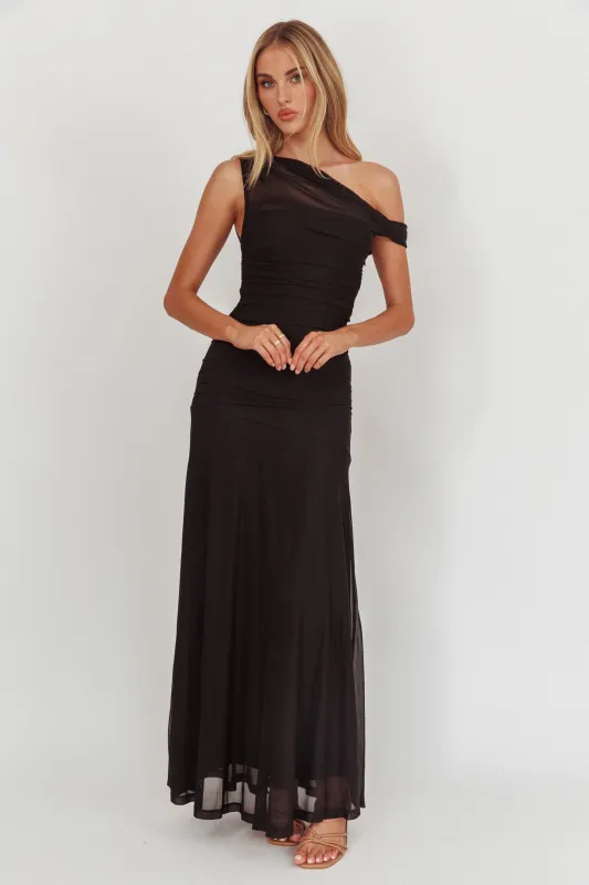 Lylah Asymmetric Neckline Mesh Maxi Dress Black sold by Selfie Leslie