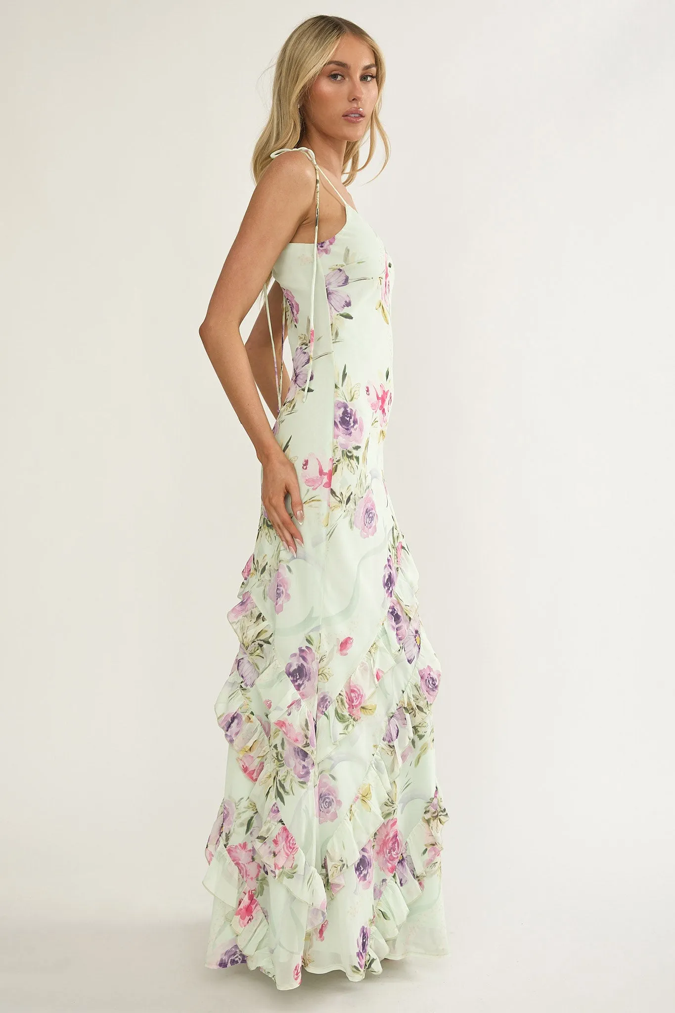 Dreamy Day Ruffle Trim Maxi Dress Mint Floral sold by Selfie Leslie product image thumbnail 2