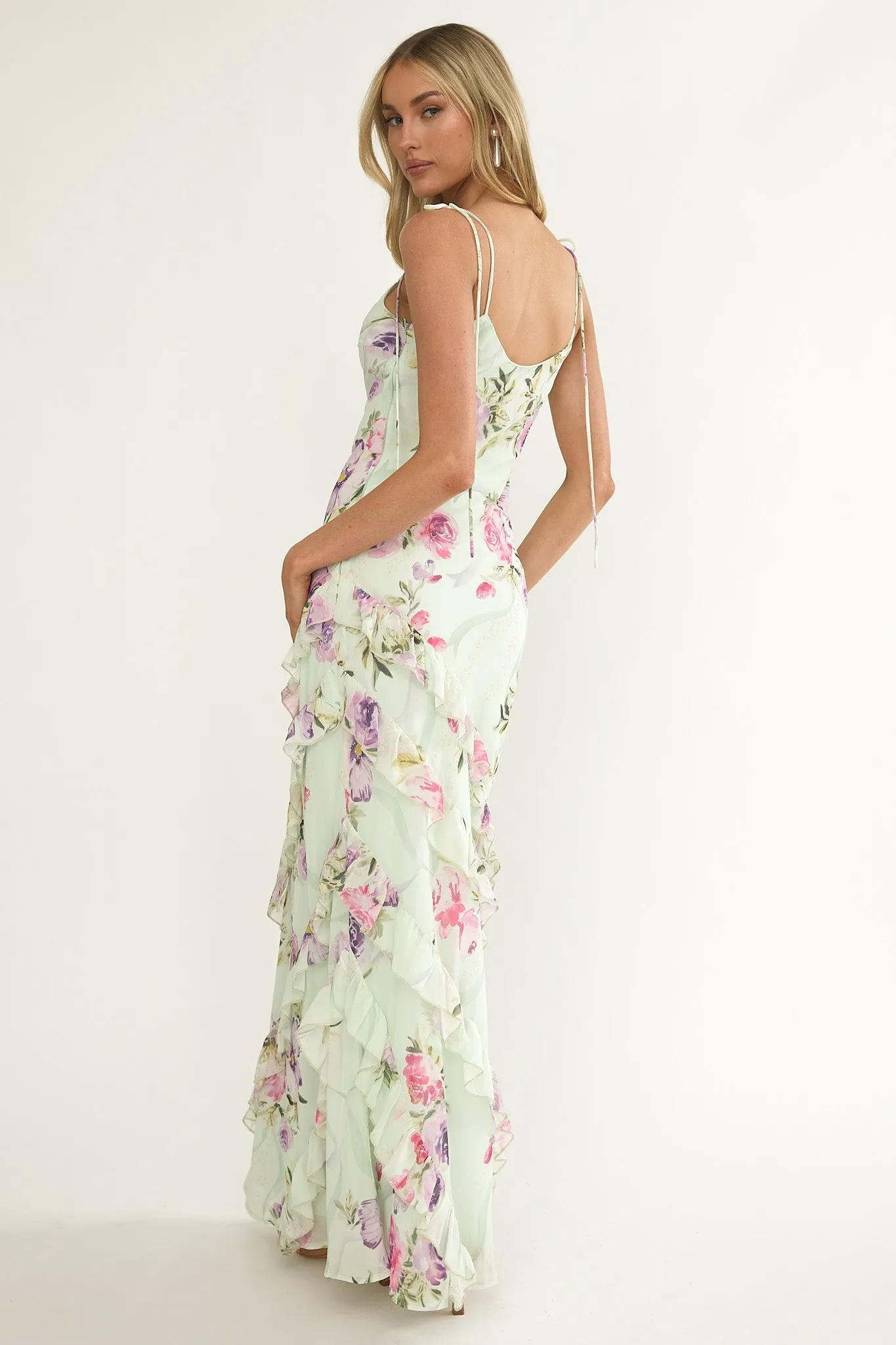 Dreamy Day Ruffle Trim Maxi Dress Mint Floral sold by Selfie Leslie product image thumbnail 3