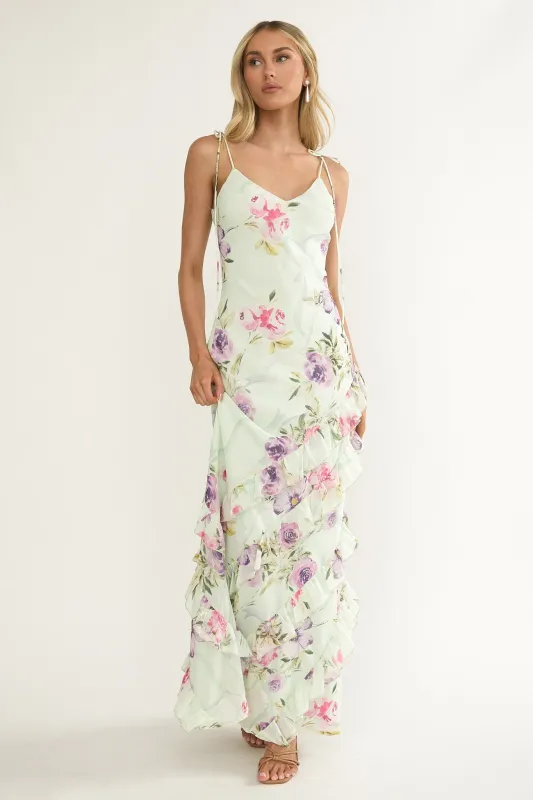 Dreamy Day Ruffle Trim Maxi Dress Mint Floral sold by Selfie Leslie