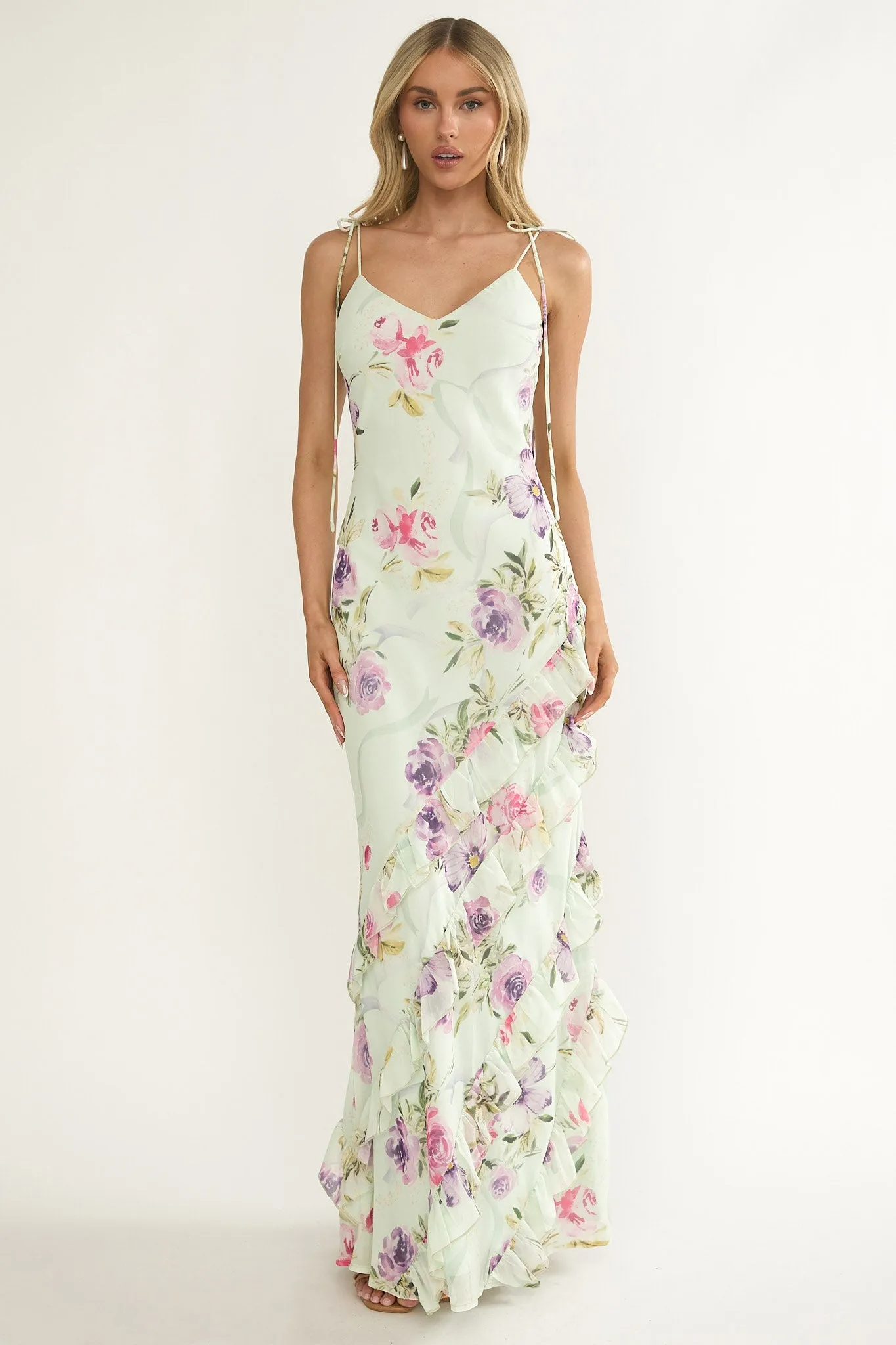 Dreamy Day Ruffle Trim Maxi Dress Mint Floral sold by Selfie Leslie product image thumbnail 4