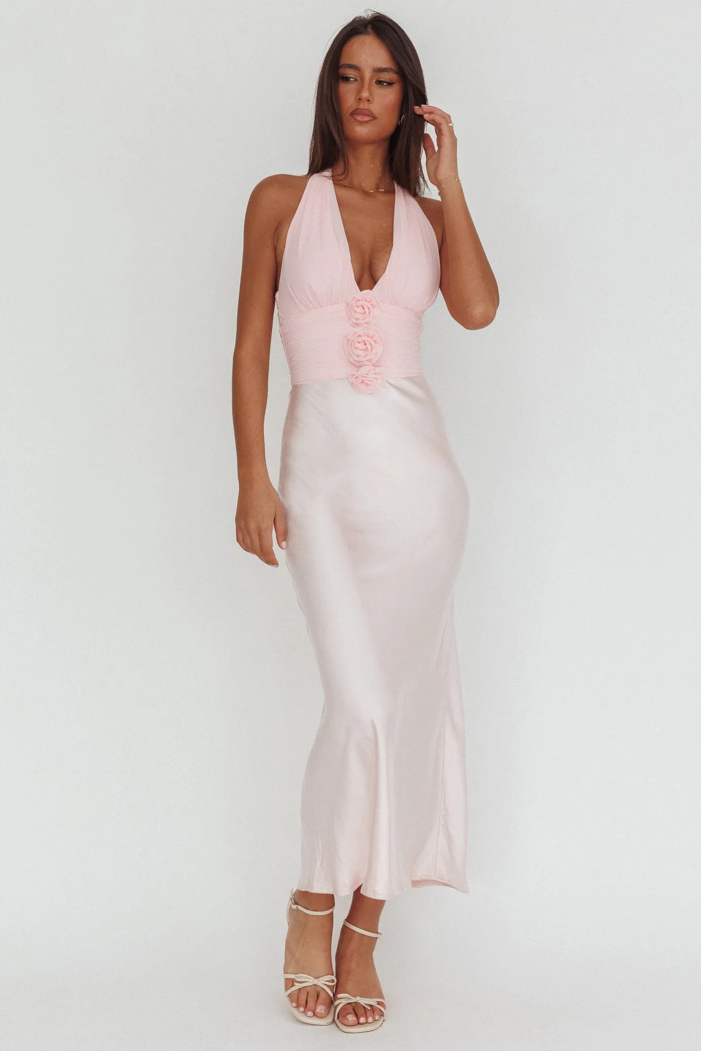Heliora Halterneck Rosette Bust Maxi Dress Pink sold by Selfie Leslie