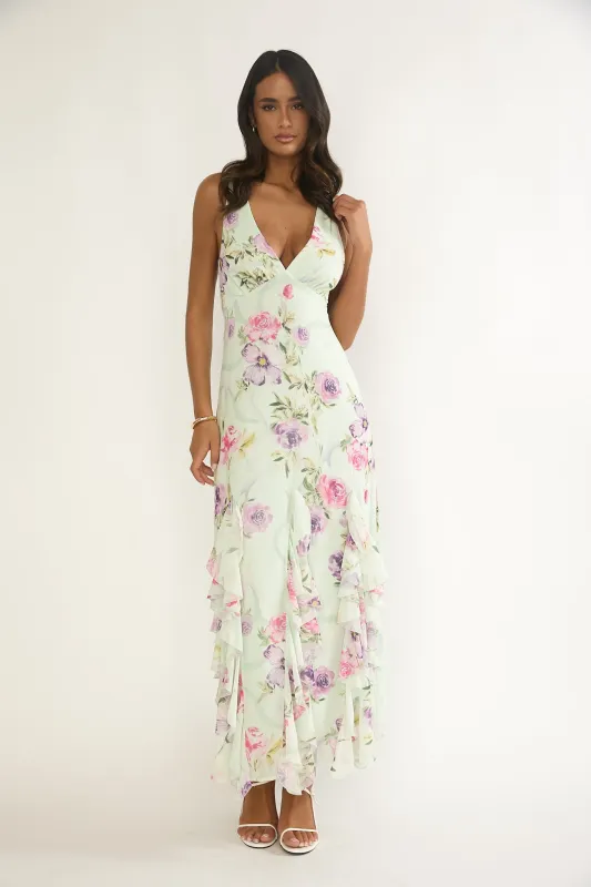 Elenya Strappy Back Ruffle Trim Maxi Dress Mint Floral sold by Selfie Leslie
