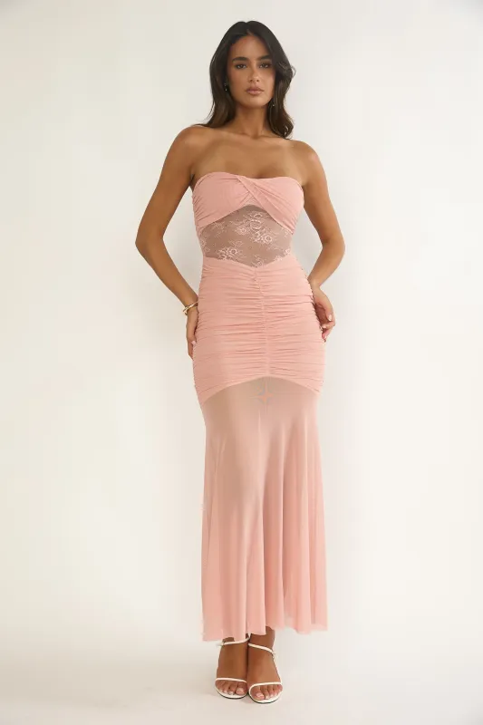 Sade Strapless Sheer Panel Ruched Maxi Dress Blush sold by Selfie Leslie