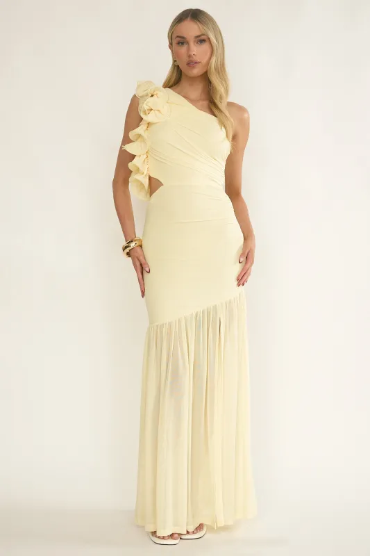 Deanna One-Shoulder Sheer Hem Maxi Dress Yellow sold by Selfie Leslie