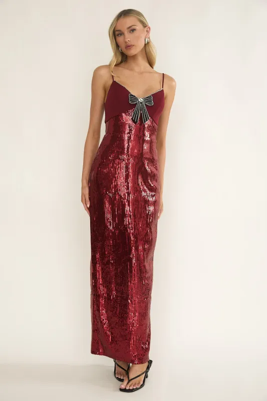 Nolani Sequin Bow & Diamante Maxi Dress Wine sold by Selfie Leslie