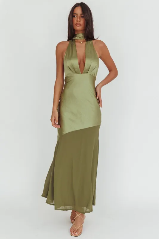 Italia Azure Halterneck Sheer Hem Maxi Dress Olive sold by Selfie Leslie