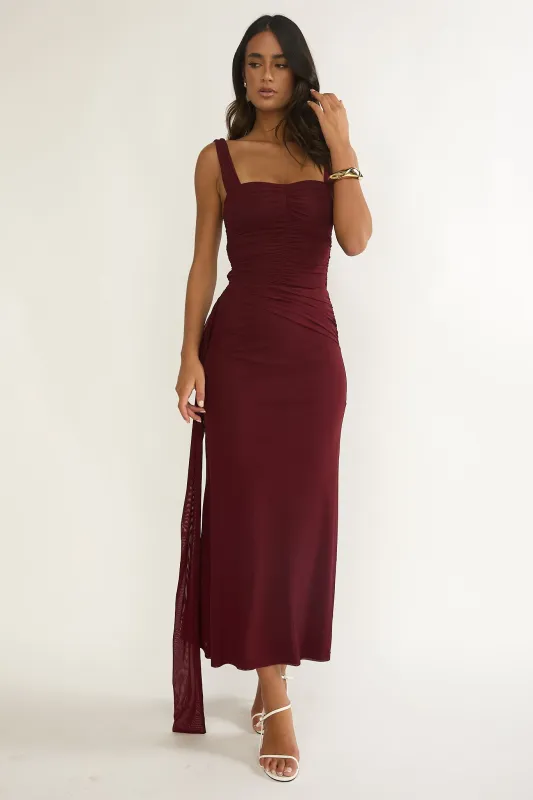 Emara Ruched Waist Sash Maxi Dress Burgundy sold by Selfie Leslie