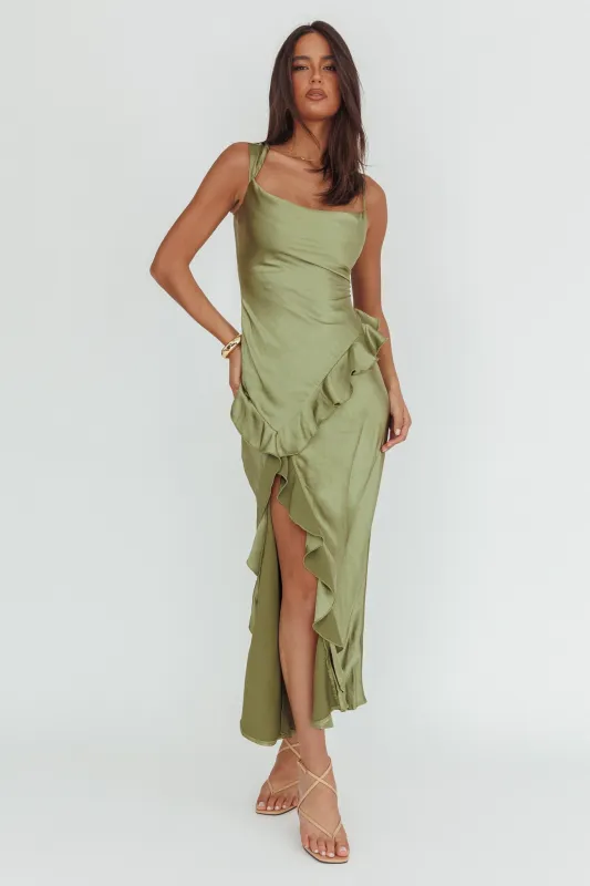 Sunshine Eternity Asymmetric Neckline Ruffle Maxi Dress Olive sold by Selfie Leslie