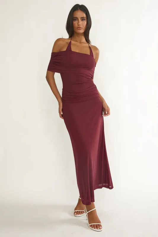 Carielle Off-Shoulder Halter Maxi Dress Wine sold by Selfie Leslie