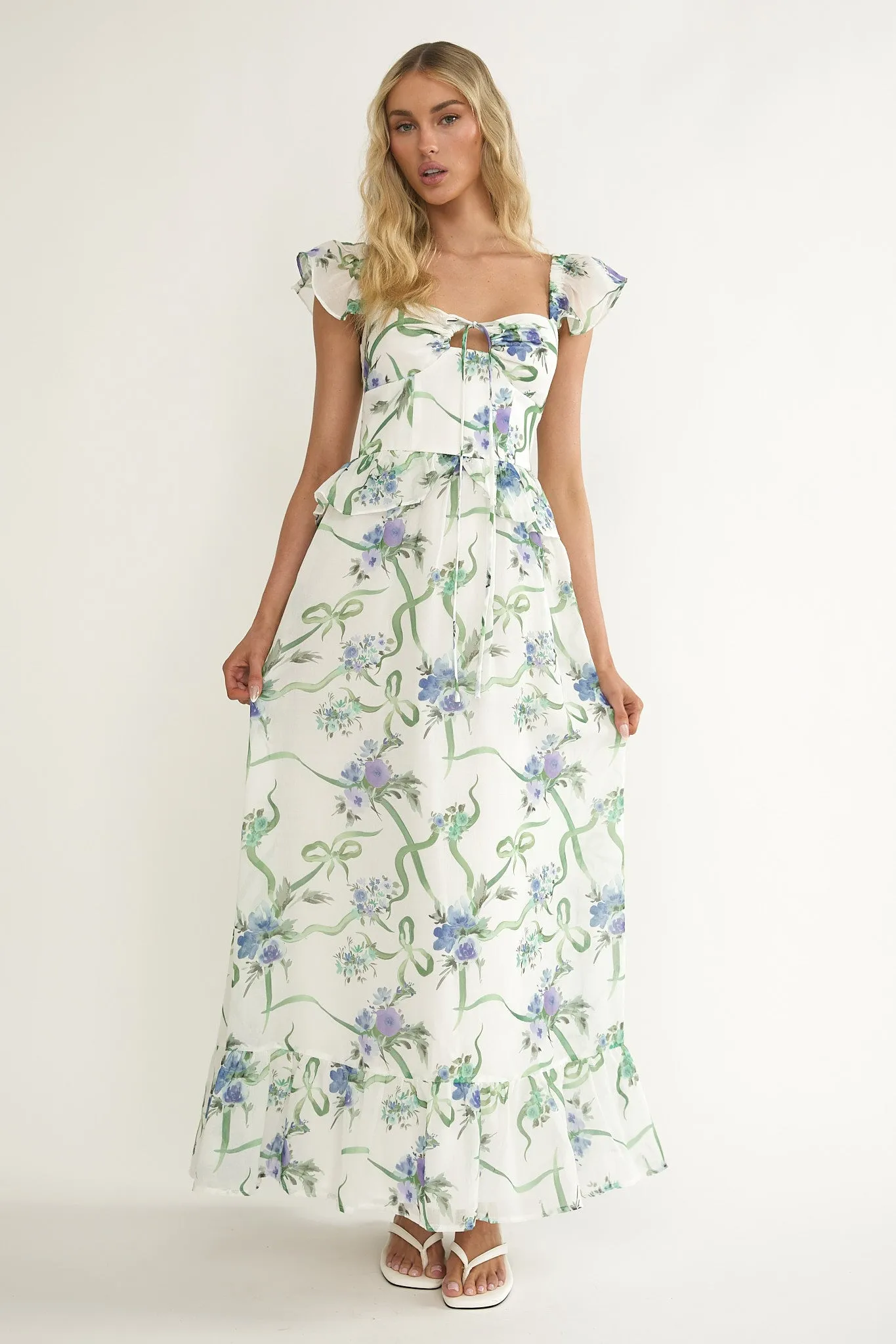 Hanalei Off-Shoulder Tied Bust Maxi Dress Floral White sold by Selfie Leslie