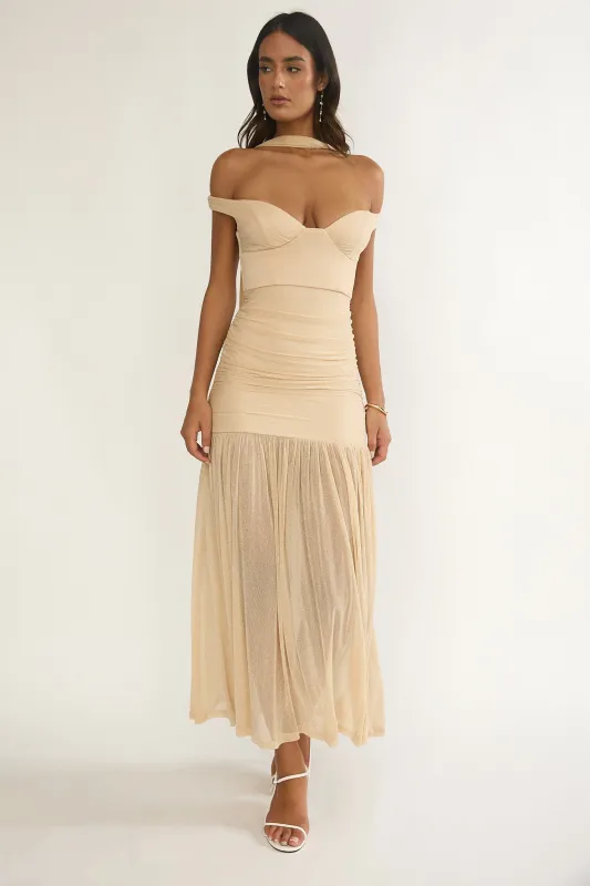 Delora Off-Shoulder Scarf Maxi Dress Beige sold by Selfie Leslie