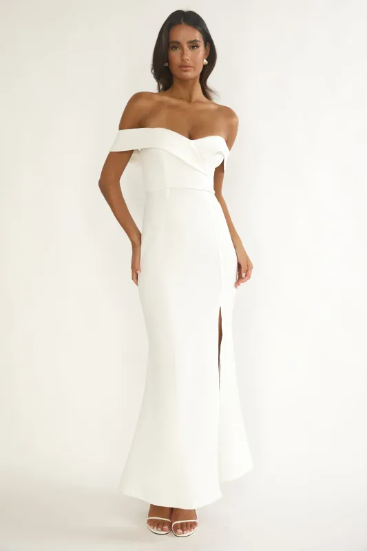 Rider Off-Shoulder Front Split Maxi Dress White sold by Selfie Leslie