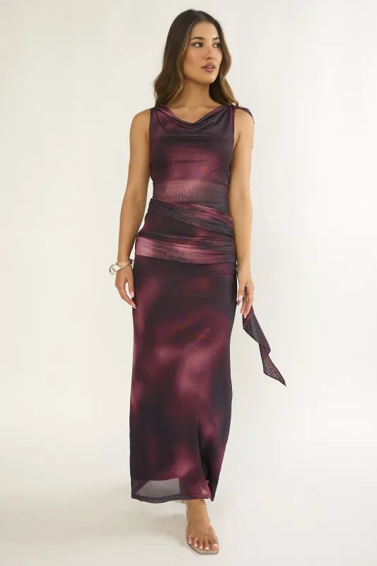 Saffra Shoulder Sash Ruched Maxi Dress Print Wine sold by Selfie Leslie