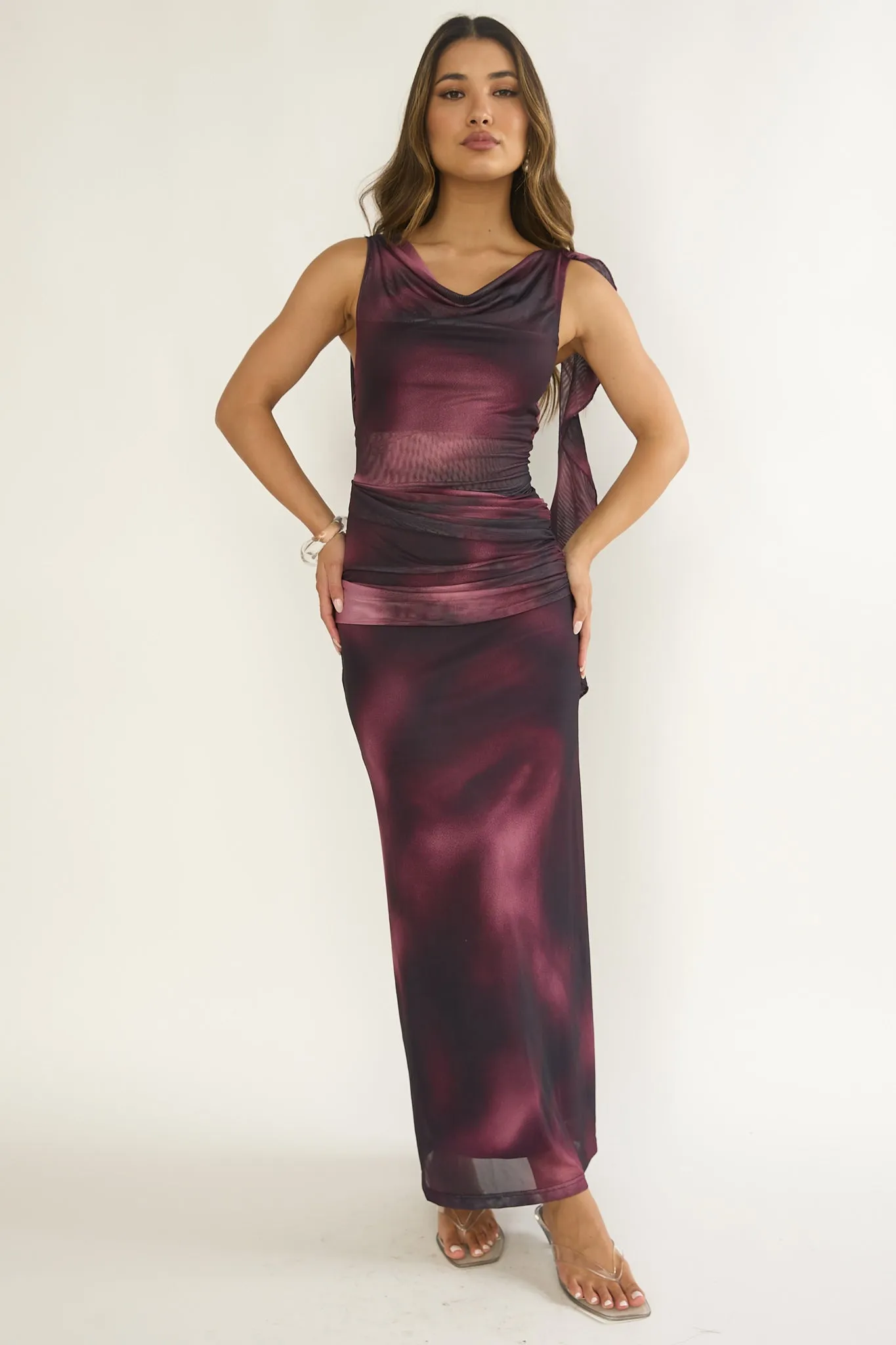 Saffra Shoulder Sash Ruched Maxi Dress Print Wine sold by Selfie Leslie product image thumbnail 5