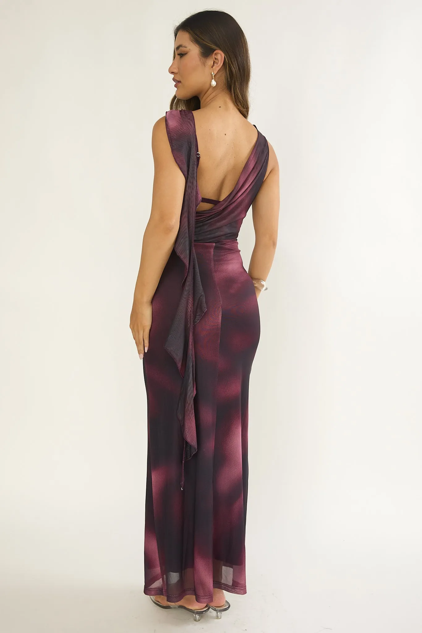 Saffra Shoulder Sash Ruched Maxi Dress Print Wine sold by Selfie Leslie product image thumbnail 2