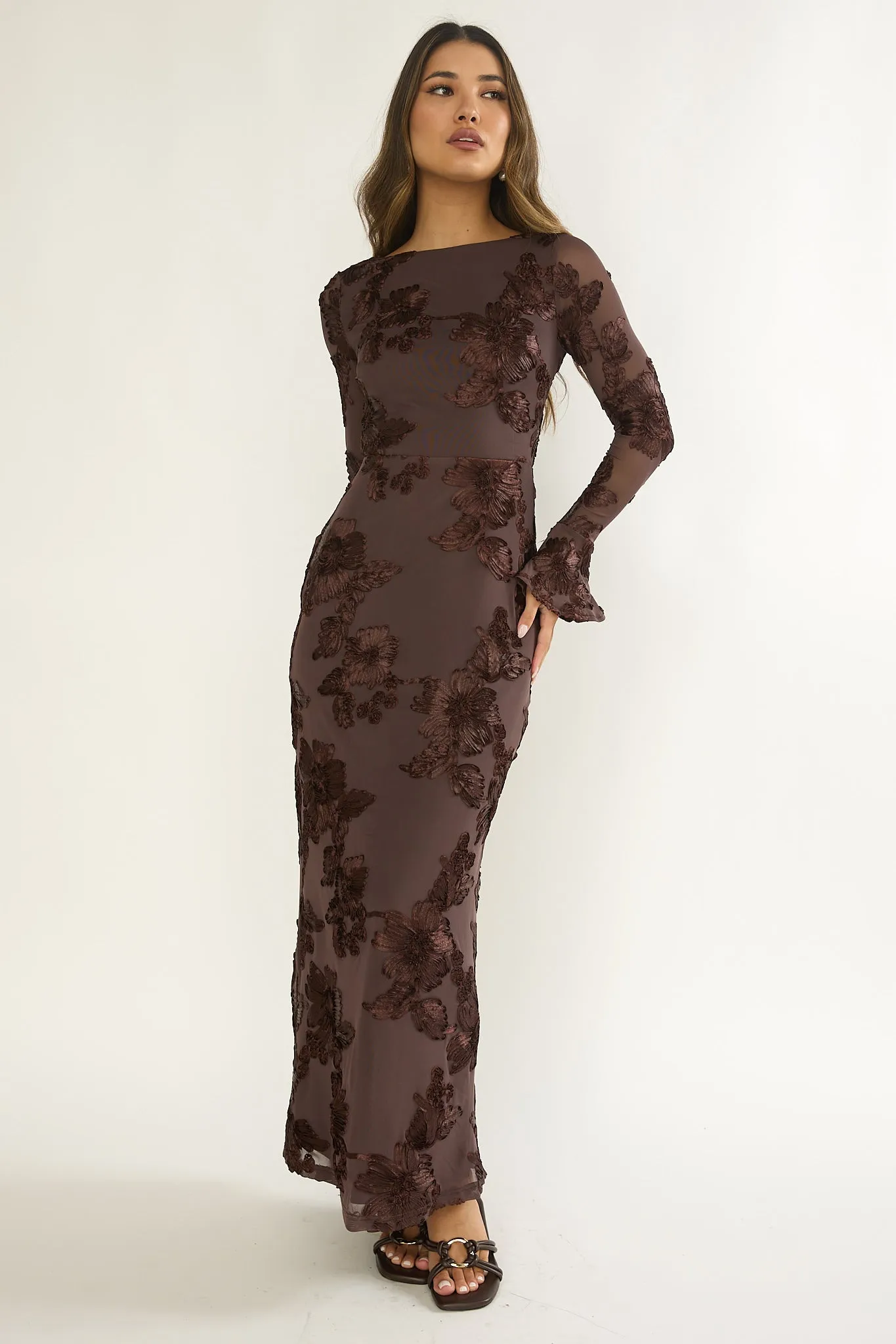 Helsi Long Sleeve Embellished Maxi Dress Brown sold by Selfie Leslie