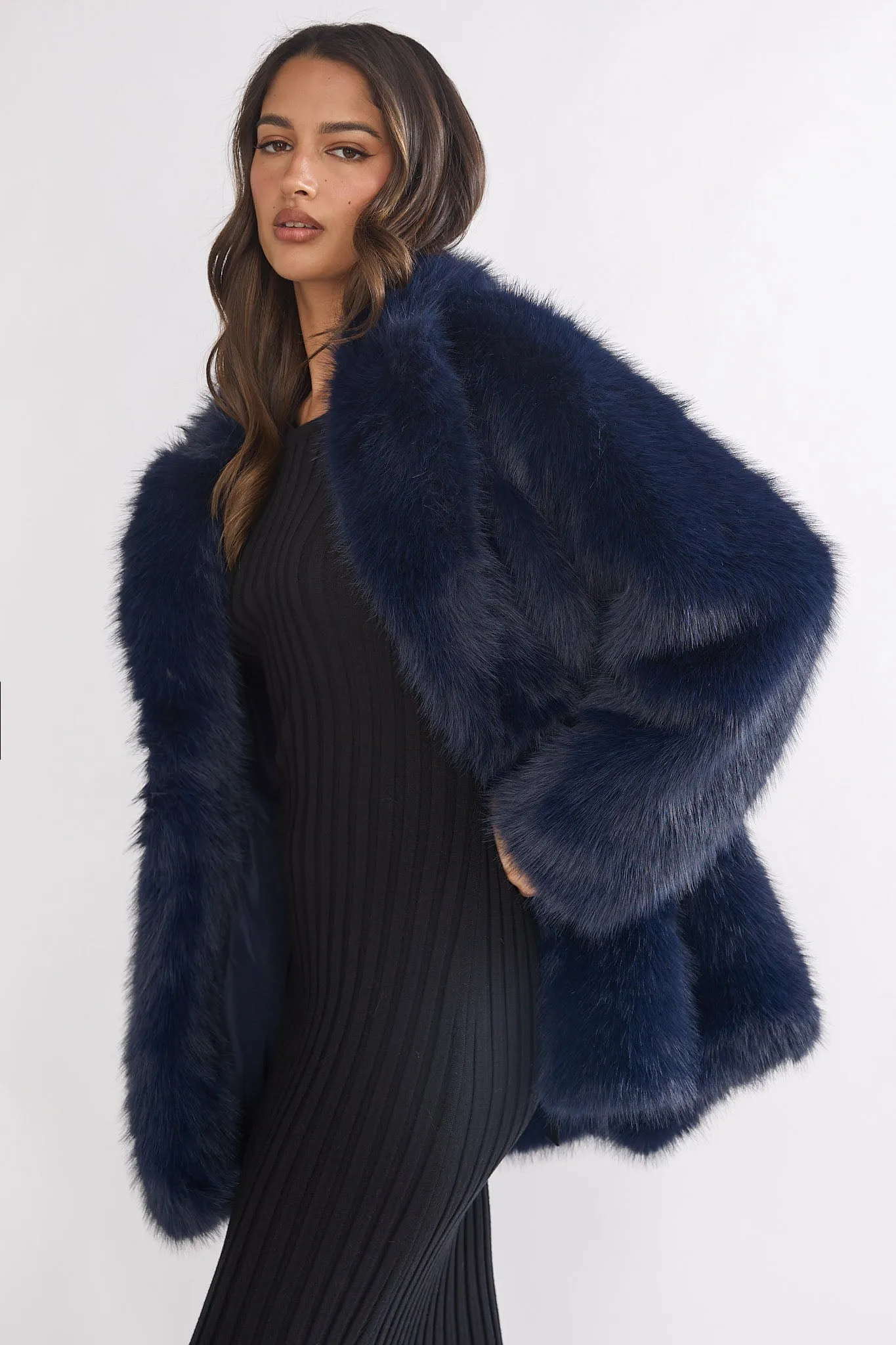 Rilani Faux Fur Pocket Coat Navy sold by Selfie Leslie