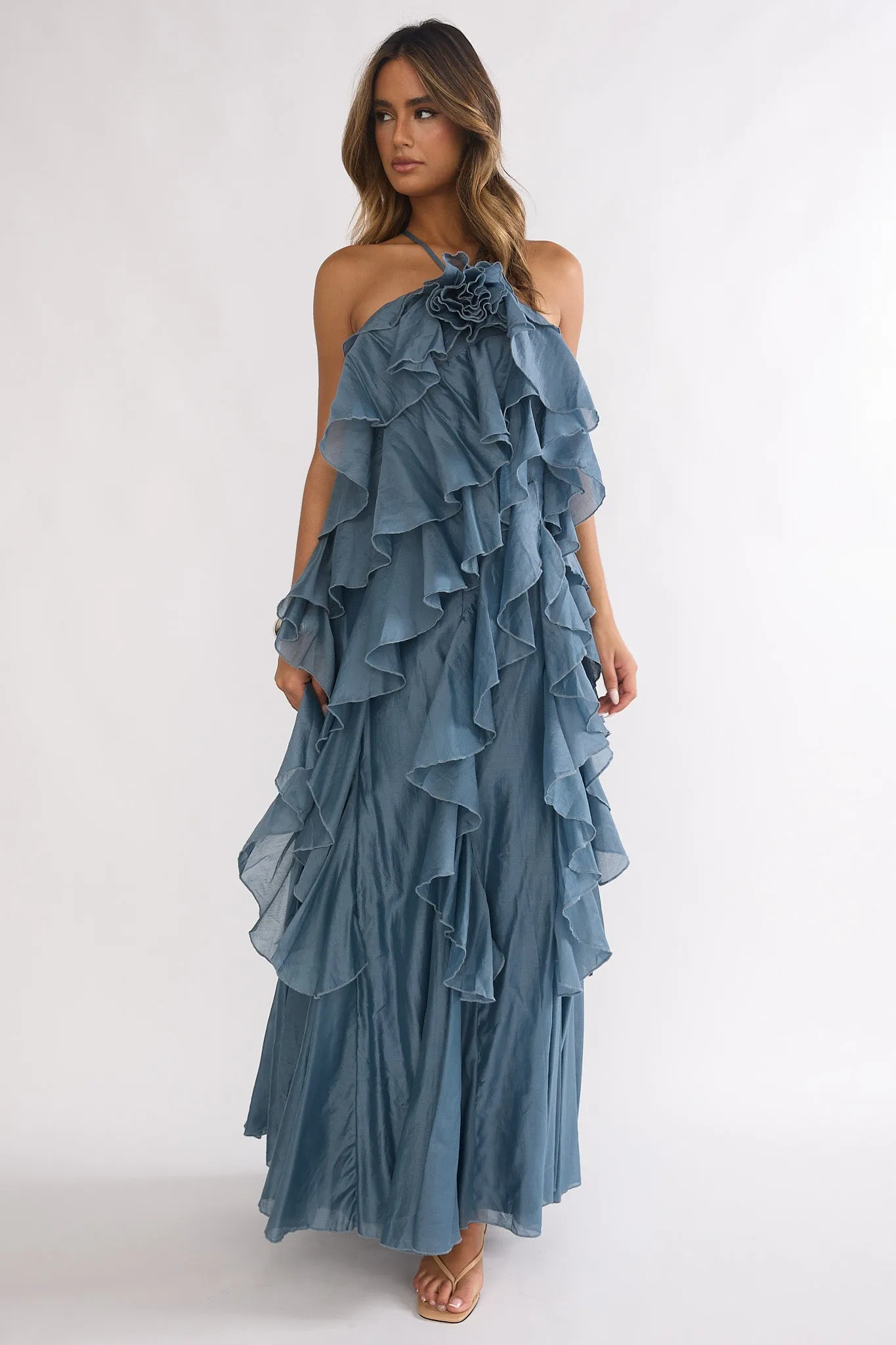 Oceara Ruffle Trim Spaghetti Strap Maxi Dress Slate Blue sold by Selfie Leslie product image thumbnail 2