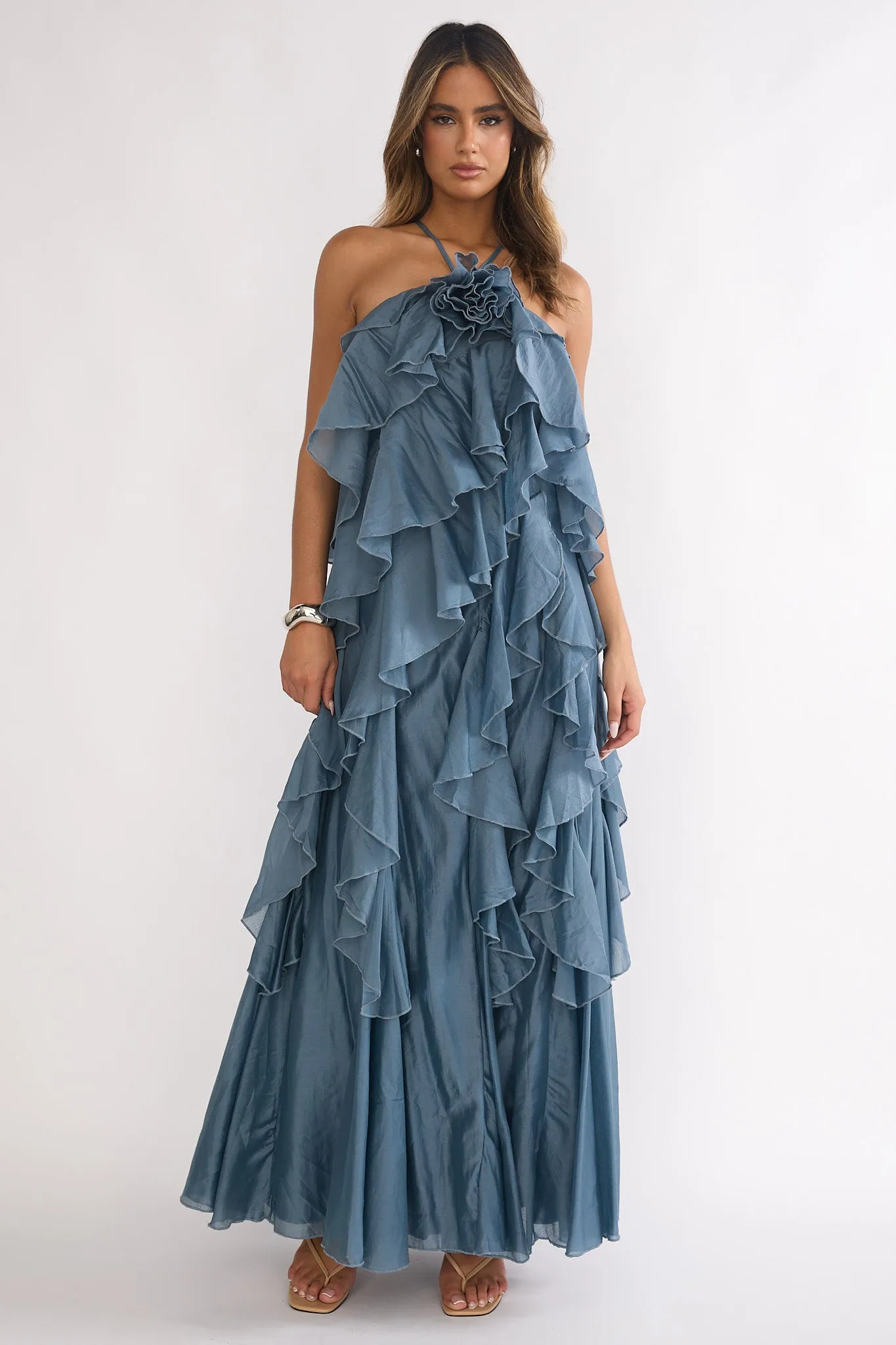 Oceara Ruffle Trim Spaghetti Strap Maxi Dress Slate Blue sold by Selfie Leslie product image thumbnail 5