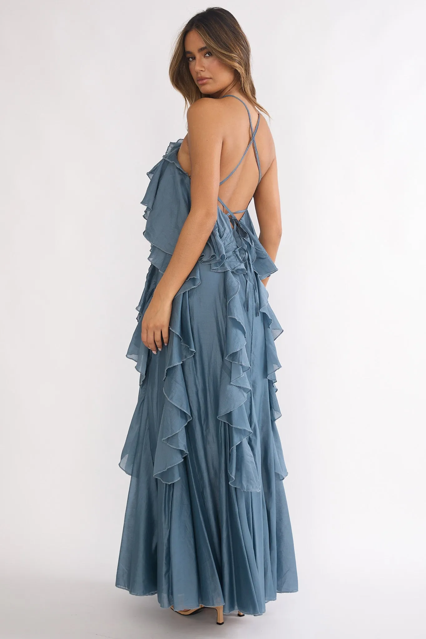 Oceara Ruffle Trim Spaghetti Strap Maxi Dress Slate Blue sold by Selfie Leslie product image thumbnail 3