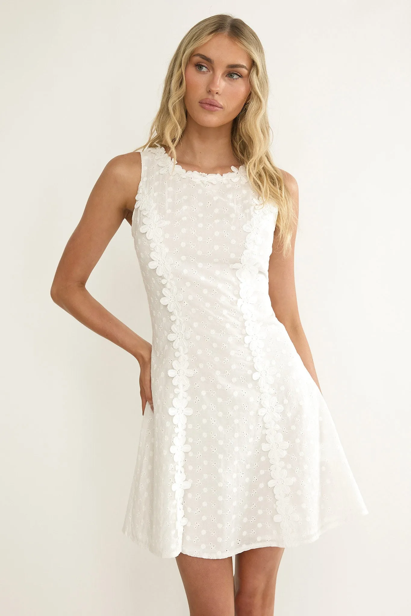 Jessamine Floral Applique Eyelet Mini Dress Off White sold by Selfie Leslie