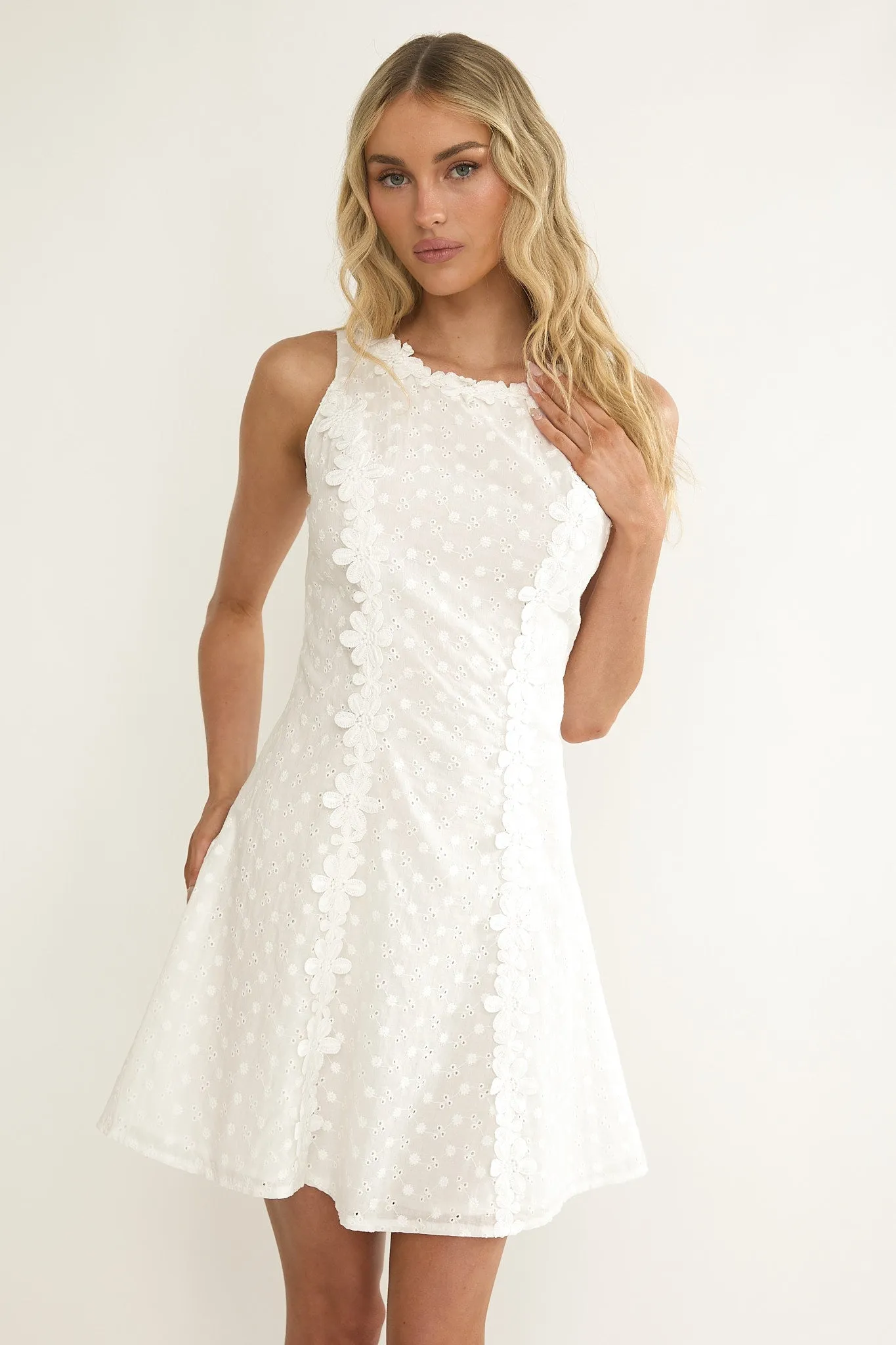 Jessamine Floral Applique Eyelet Mini Dress Off White sold by Selfie Leslie product image thumbnail 5