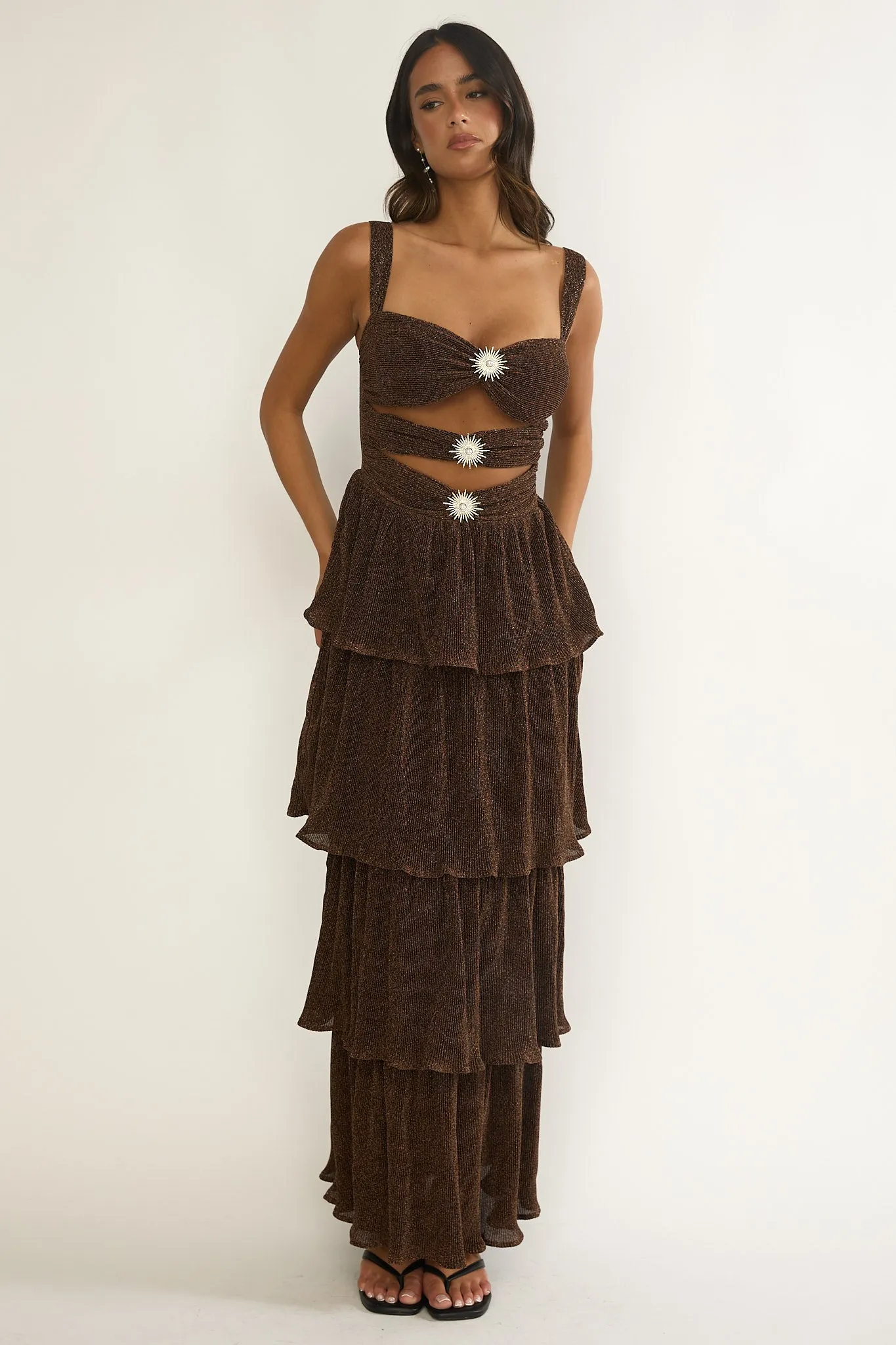 Ceylon Cut-Out Bodice Layered Maxi Dress Bronze sold by Selfie Leslie