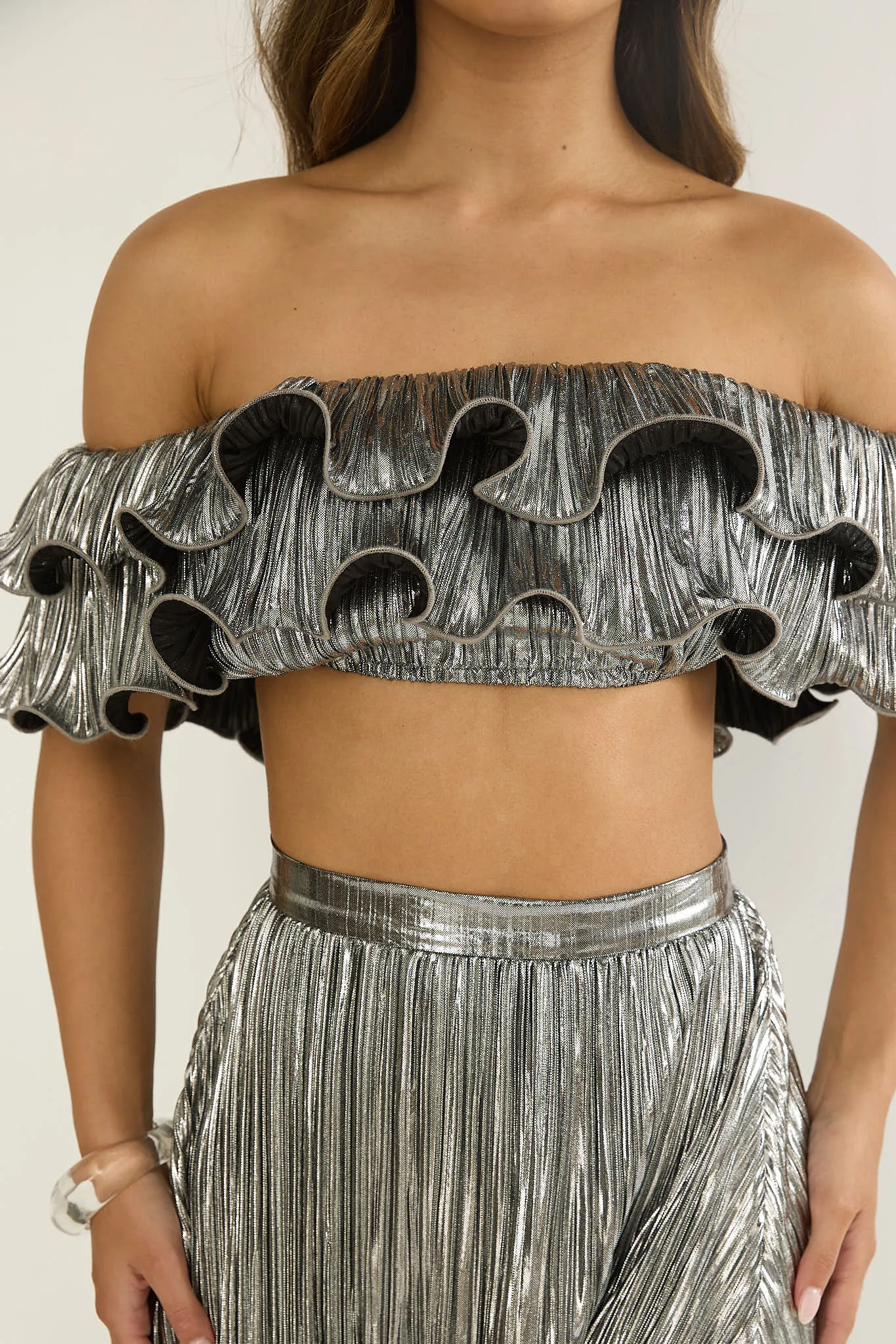 Amaria Off-Shoulder Lettuce Edge Crop Top Silver sold by Selfie Leslie product image thumbnail 4