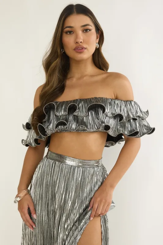 Amaria Off-Shoulder Lettuce Edge Crop Top Silver sold by Selfie Leslie
