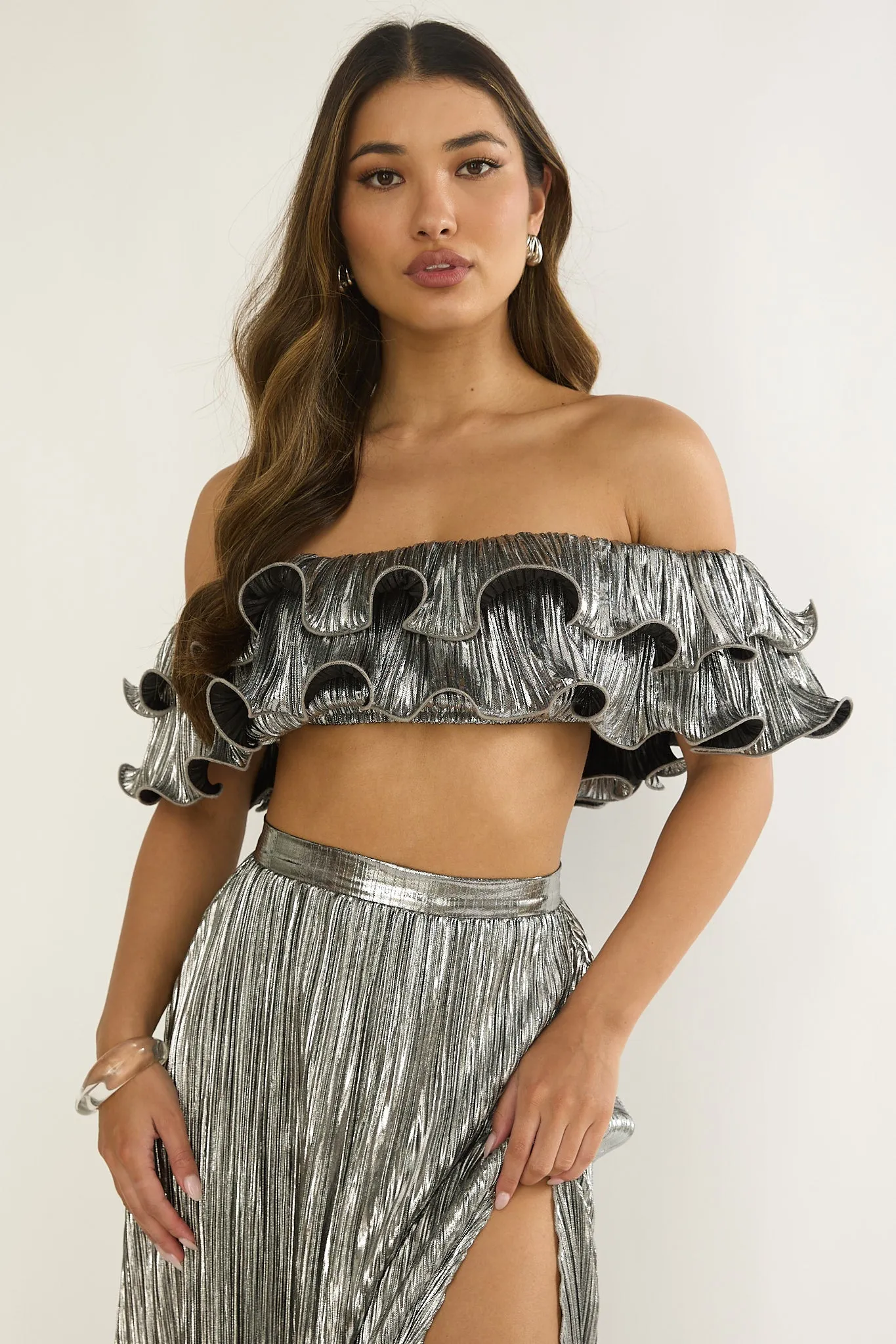 Amaria Off-Shoulder Lettuce Edge Crop Top Silver sold by Selfie Leslie