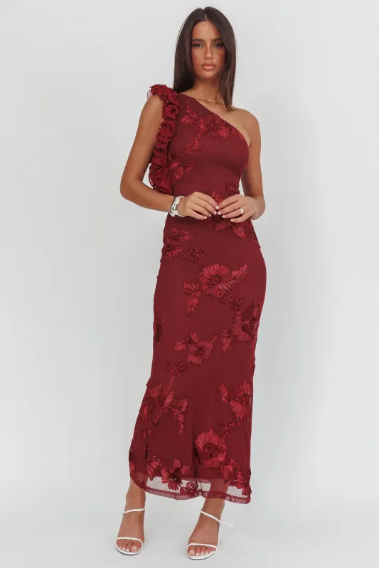 Deanna One-Shoulder Ruffle Maxi Dress Floral Texture Wine sold by Selfie Leslie