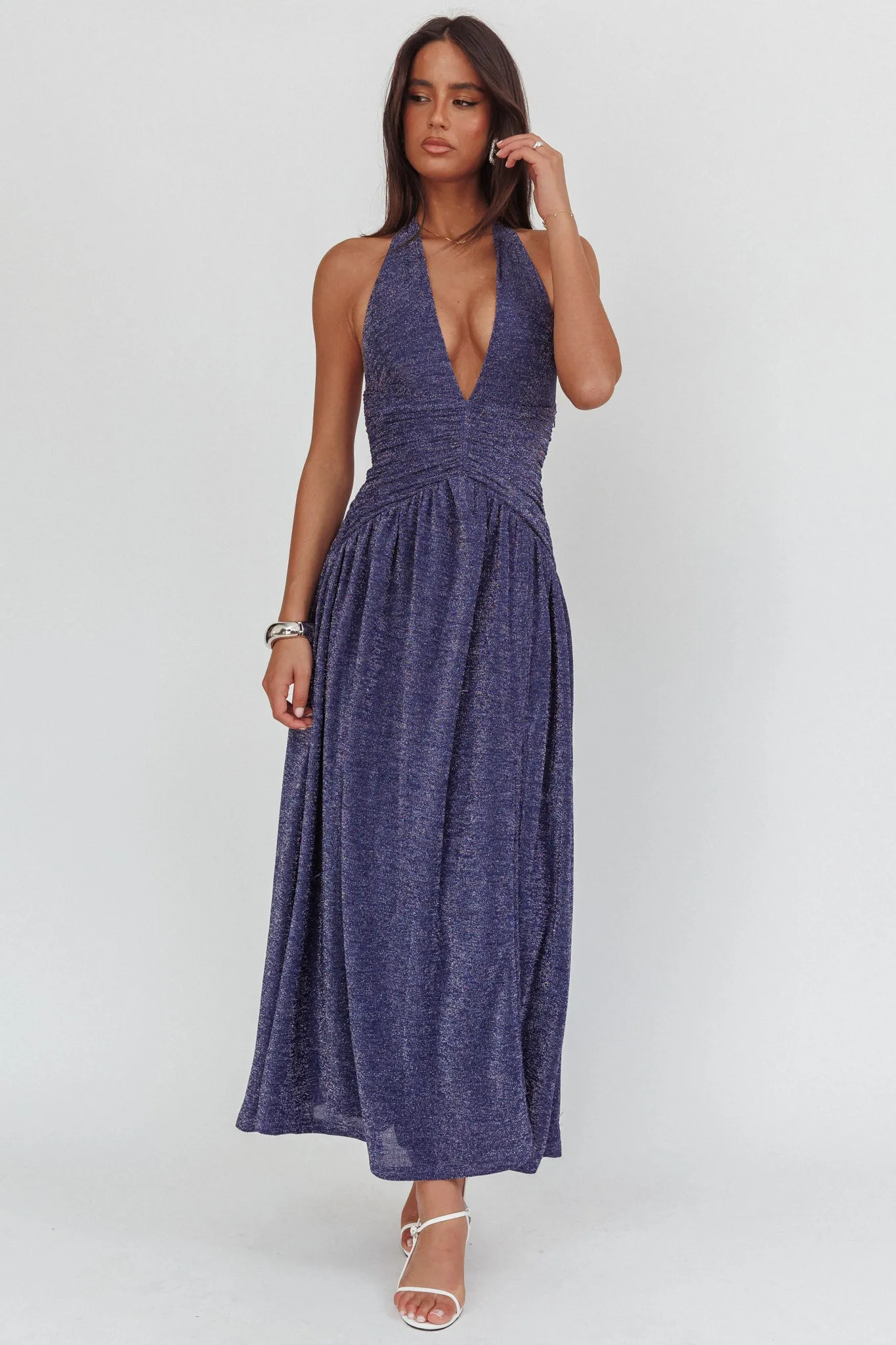 Italia Azure Gathered Waist Maxi Dress Shimmer Navy sold by Selfie Leslie