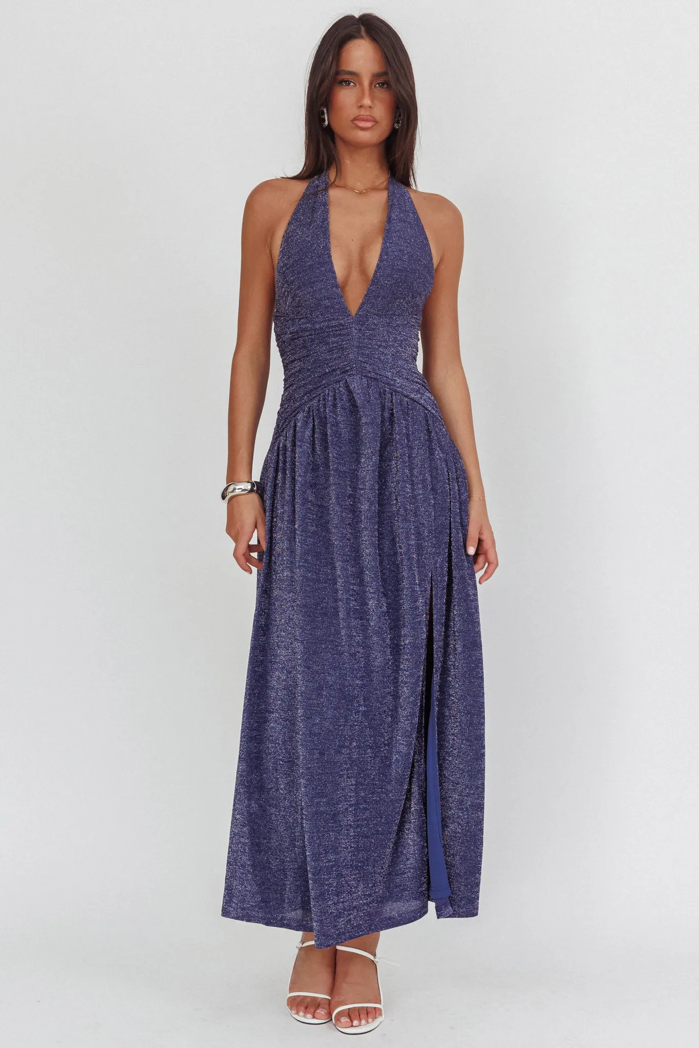 Italia Azure Gathered Waist Maxi Dress Shimmer Navy sold by Selfie Leslie product image thumbnail 5