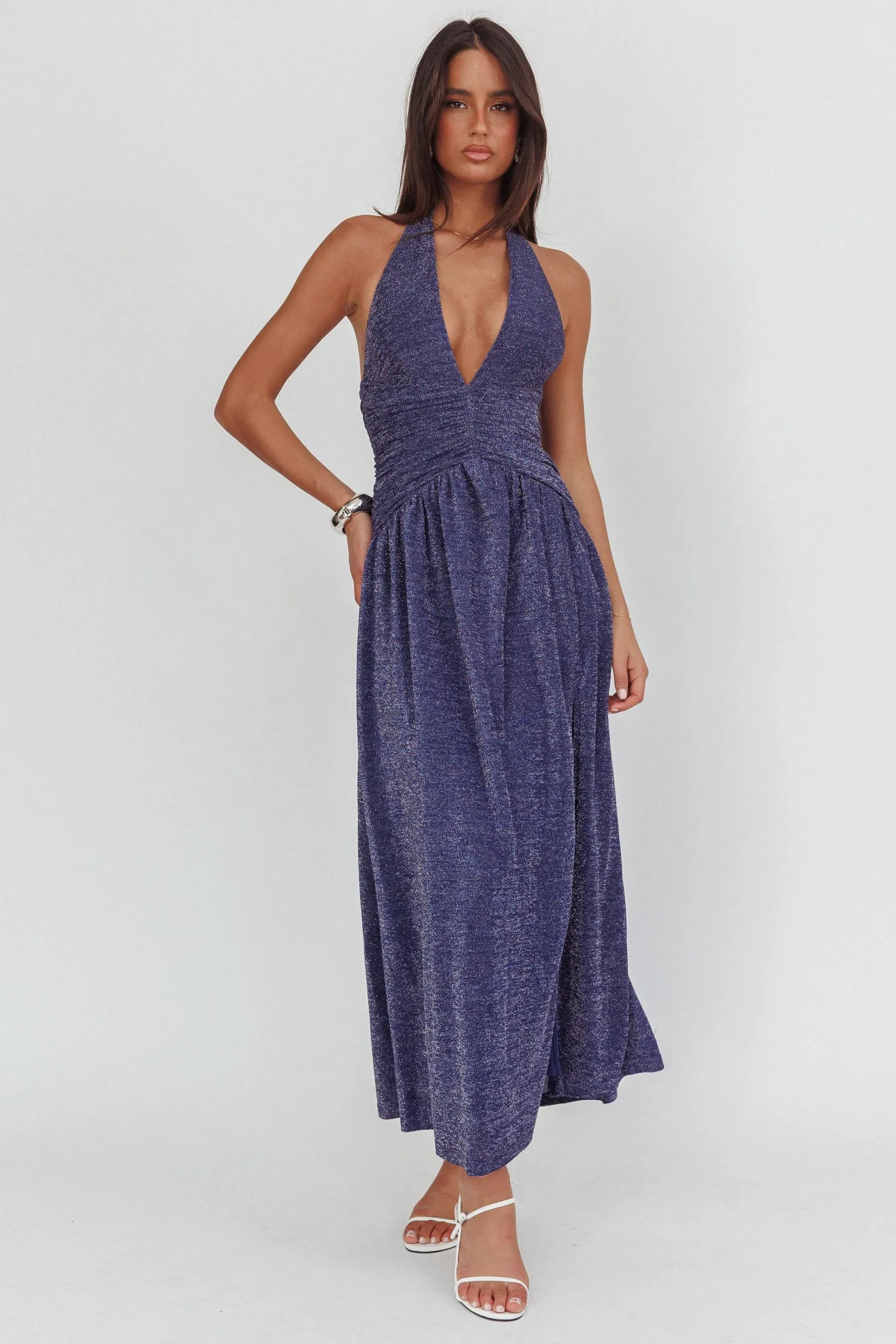 Italia Azure Gathered Waist Maxi Dress Shimmer Navy sold by Selfie Leslie product image thumbnail 4