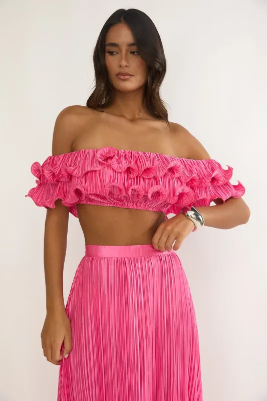 Amaria Off-Shoulder Lettuce Edge Crop Top Hot Pink sold by Selfie Leslie