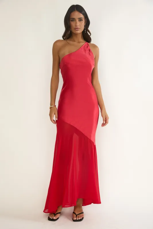 Mireya One-Shoulder Sheer Hem Maxi Dress Red sold by Selfie Leslie