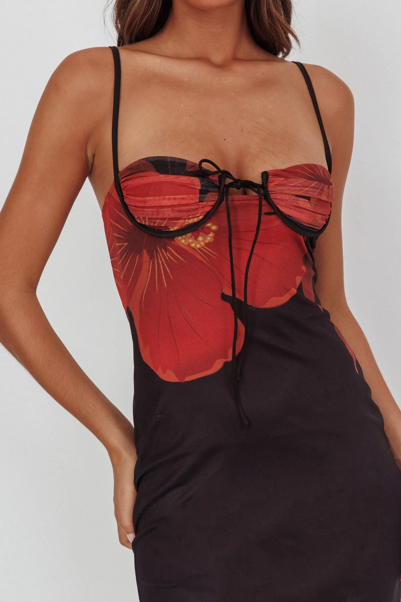 Fortune Bust Tie Maxi Dress Hibiscus Black sold by Selfie Leslie product image thumbnail 4